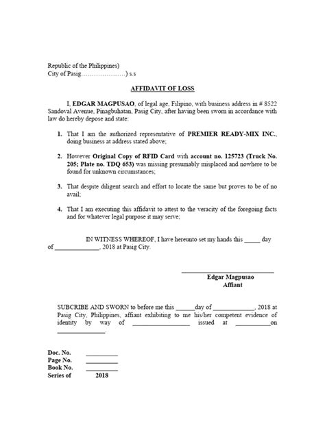 affidavit of loss rfid card sample|Affidavit of Loss .